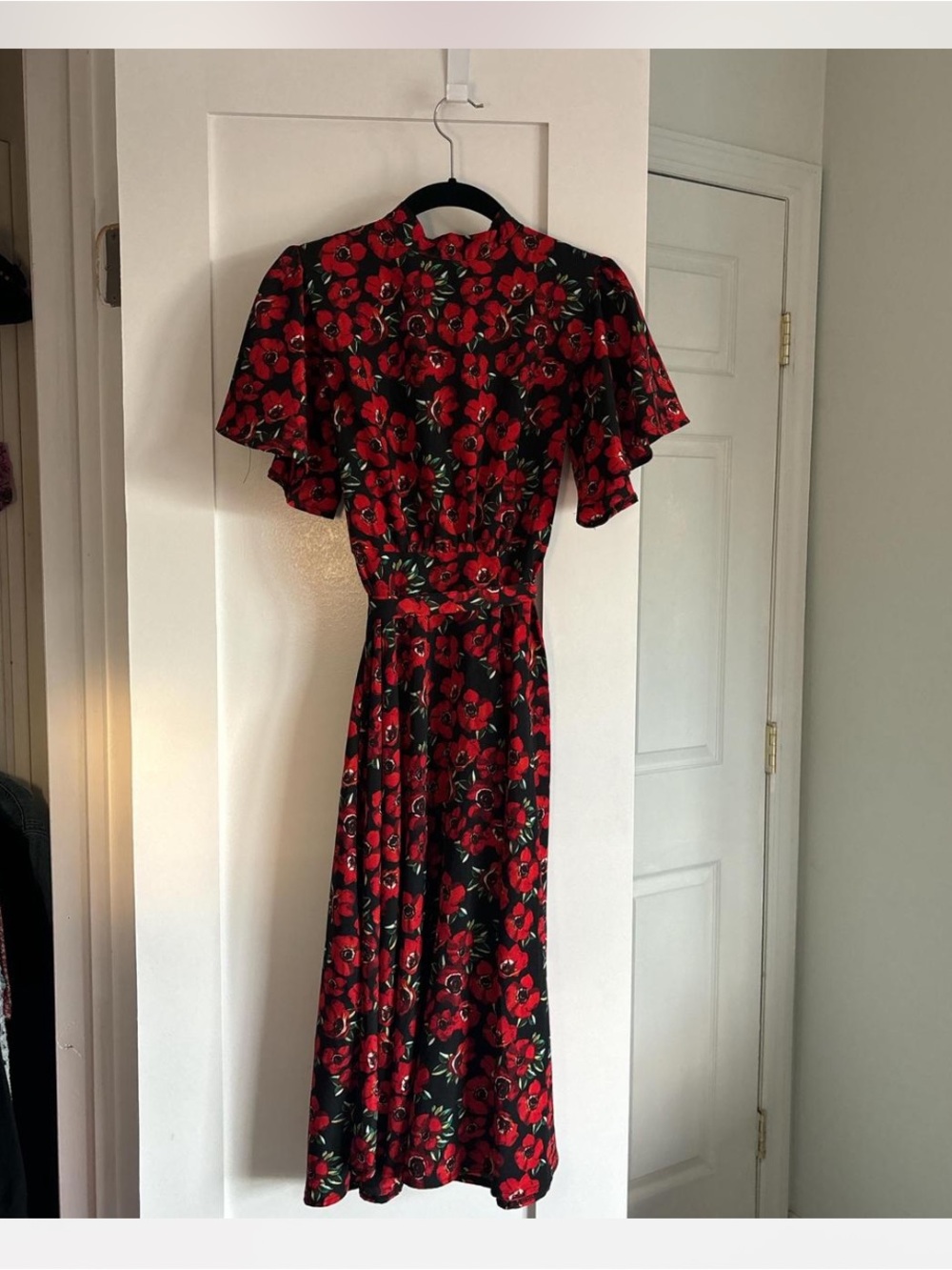 Nasty Gal Black Midi Dress with Red Floral Print